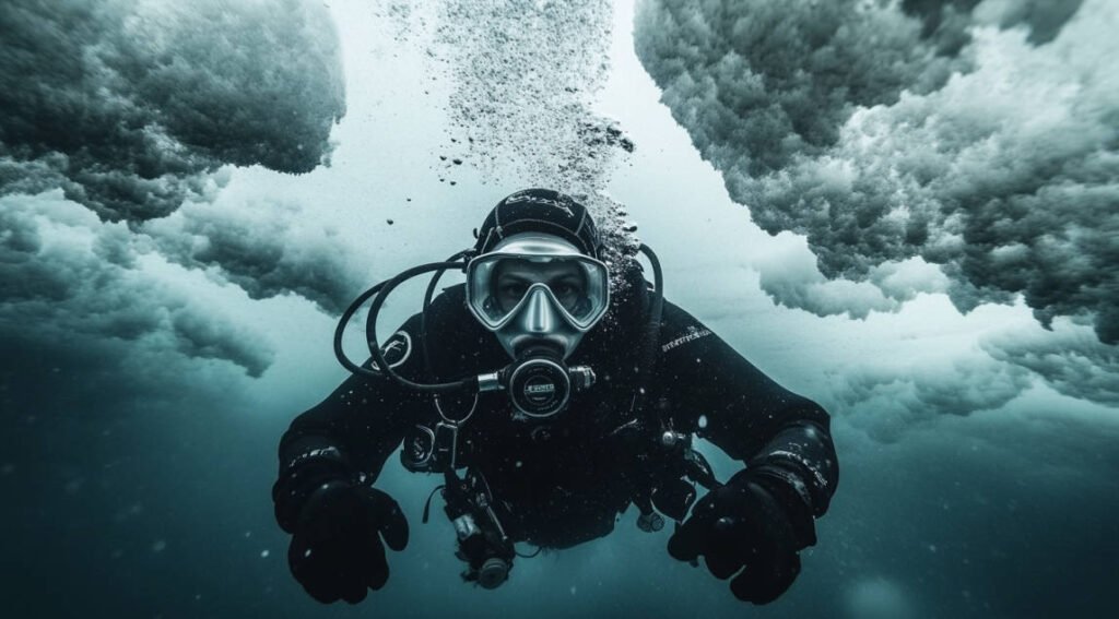 an image of a diver under a frozen lake, showcasing the specialized gear and environment, with visible ice formations above.