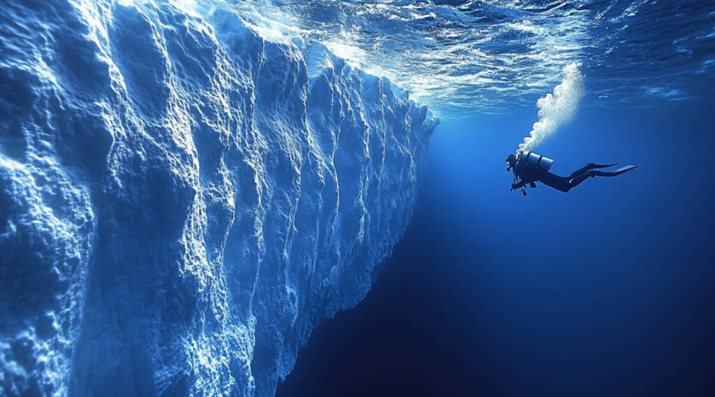 an image showing a diver demonstrating perfect buoyancy control beneath an ice sheet, with air bubbles floating toward the ice.