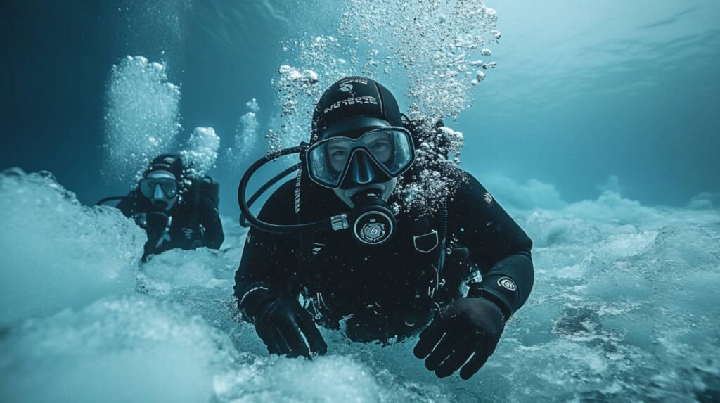 an image of divers practicing emergency drills, with one diver signaling for help and another switching to a backup regulator under ice.