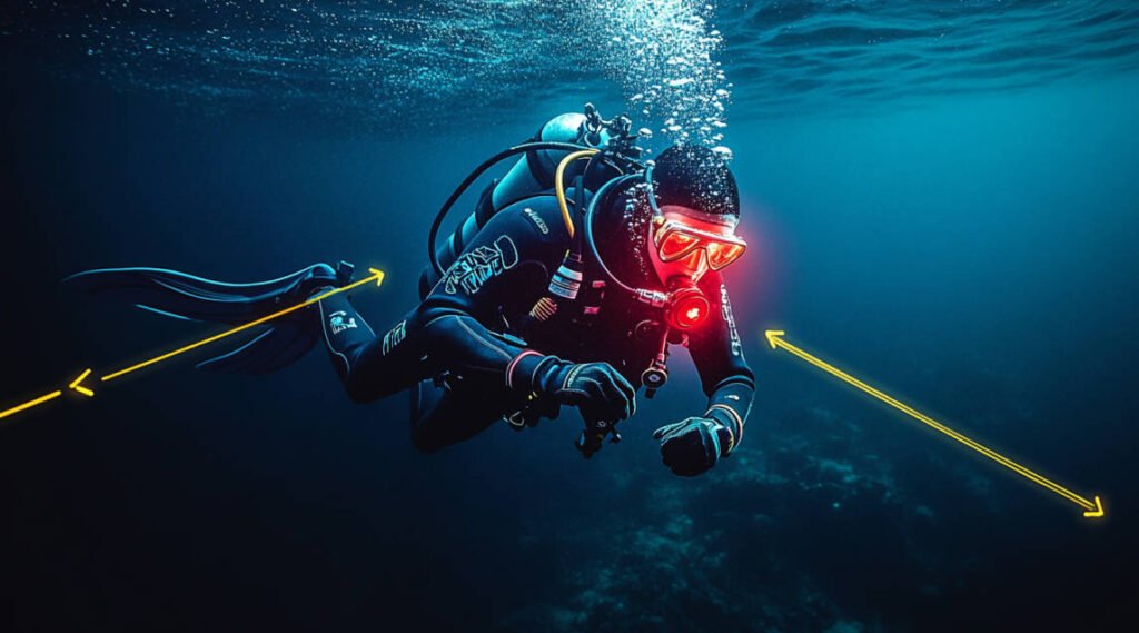 an image showing a diver underwater, holding a safety line and sending a signal to the surface, with labeled arrows explaining each type of rope signal.