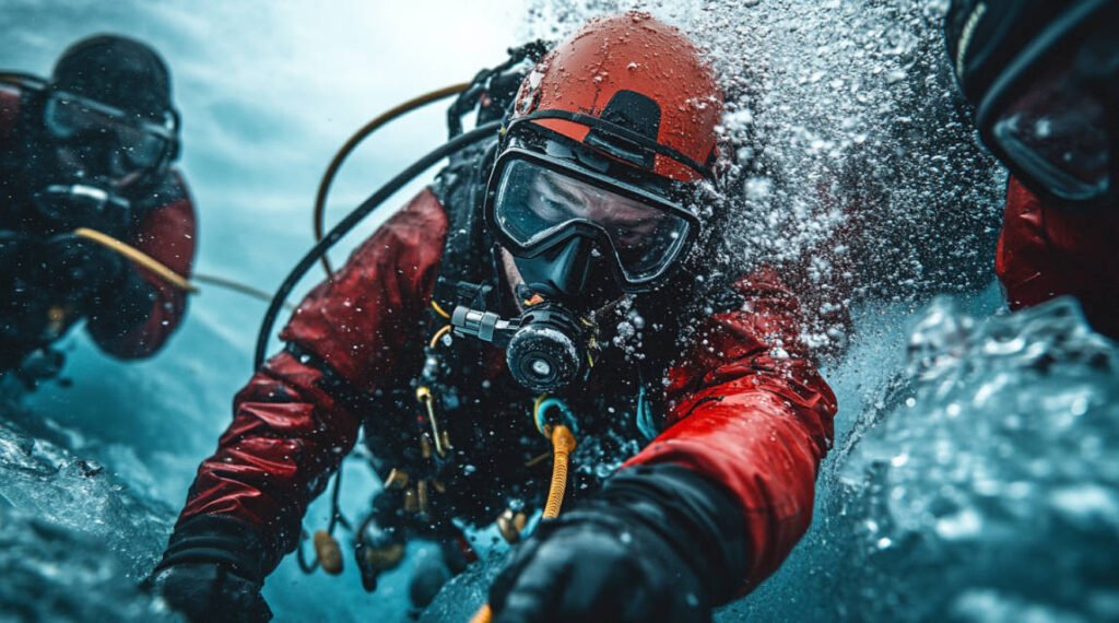 an image of a surface team closely monitoring a safety rope connected to a diver under the ice, with communication tools and safety gear visible.