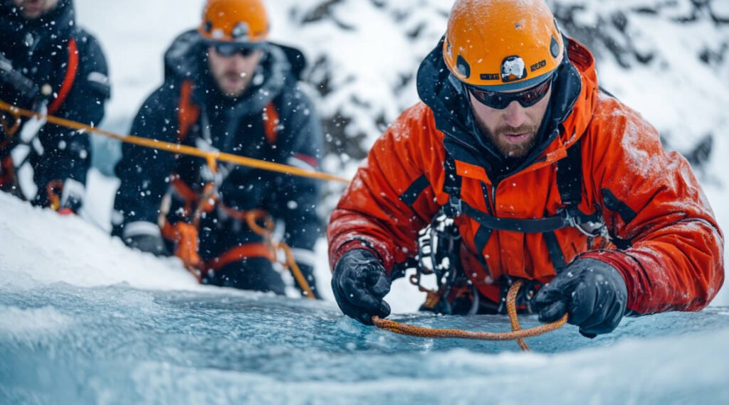 an image of a surface support team handling a safety line and using communication tools, with the ice hole and safety equipment in the background.