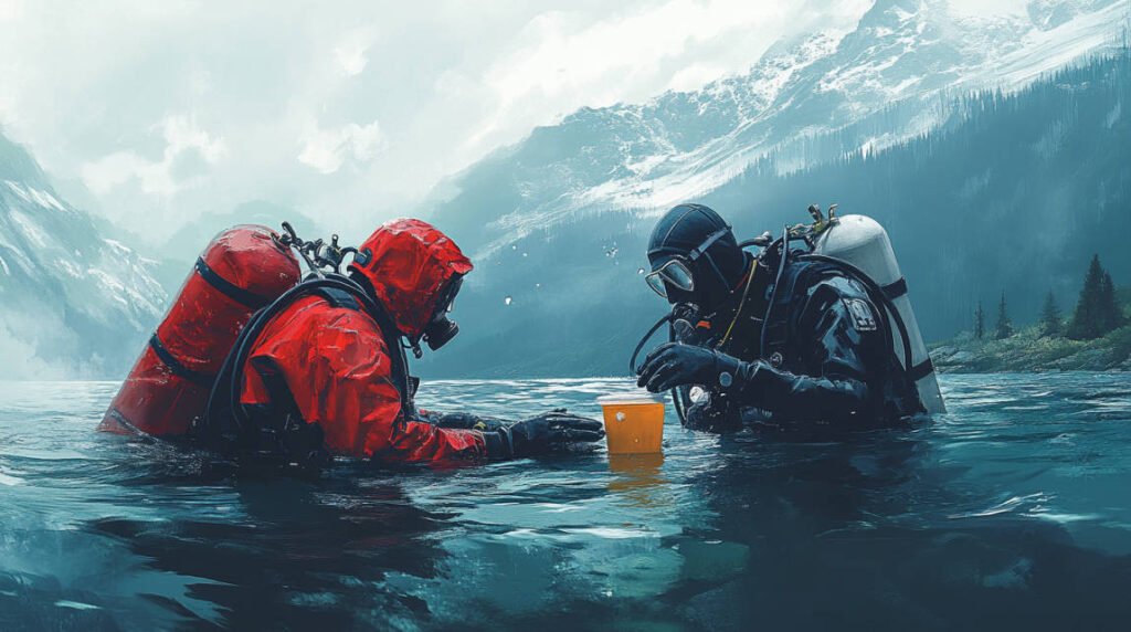 an image showing a diver assisting a buddy who shows signs of hypothermia, with a surface team in the background prepared with warm blankets and hot drinks.