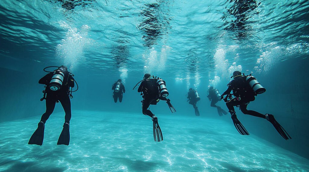 an image of divers practicing emergency procedures in a controlled training pool, with instructors supervising and guiding them.