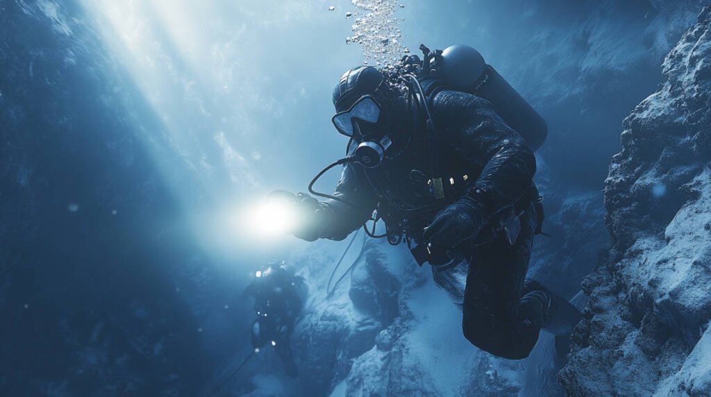 an image of a diver using a bright underwater flashlight to navigate under ice with low visibility, featuring the safety line and dive buddy nearby.