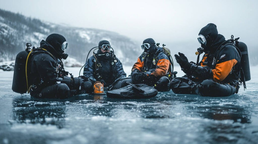 an image showing a group of experienced ice divers sharing their stories post-dive, with their gear and a frozen lake in the background.