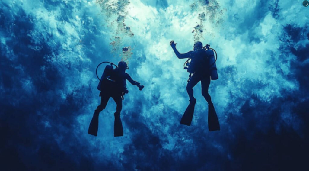 an image of a diver signaling with a safety rope while a buddy assists, illustrating a scenario of dealing with a regulator issue under ice.