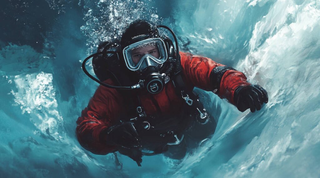 an image illustrating an ice diver navigating under a thick ice sheet, showcasing the limited exit point and gear needed for the cold environment.