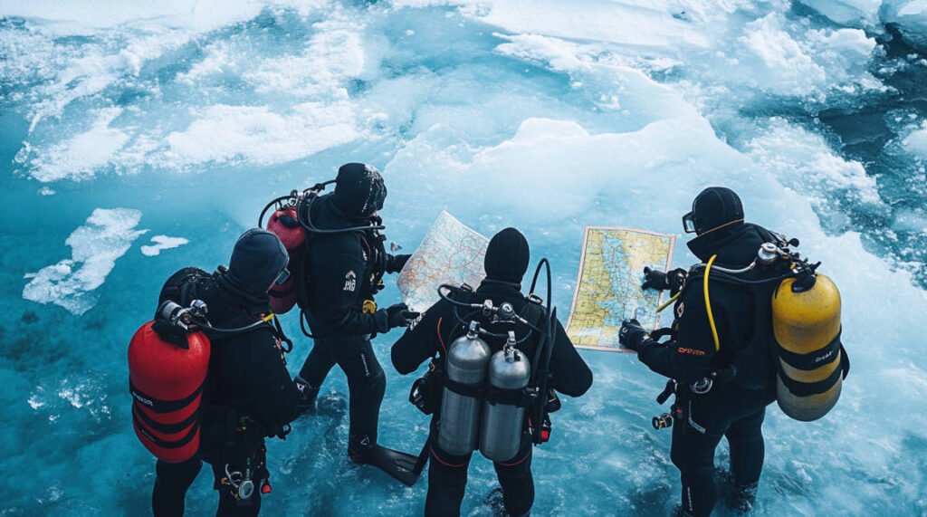 an image of a group of divers planning an ice dive on the frozen surface, with maps, safety equipment, and clear communication practices illustrated.