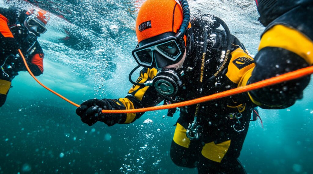 an image of a safety line being held by a diver underwater, with a clear link to a surface team managing the line from above the ice.