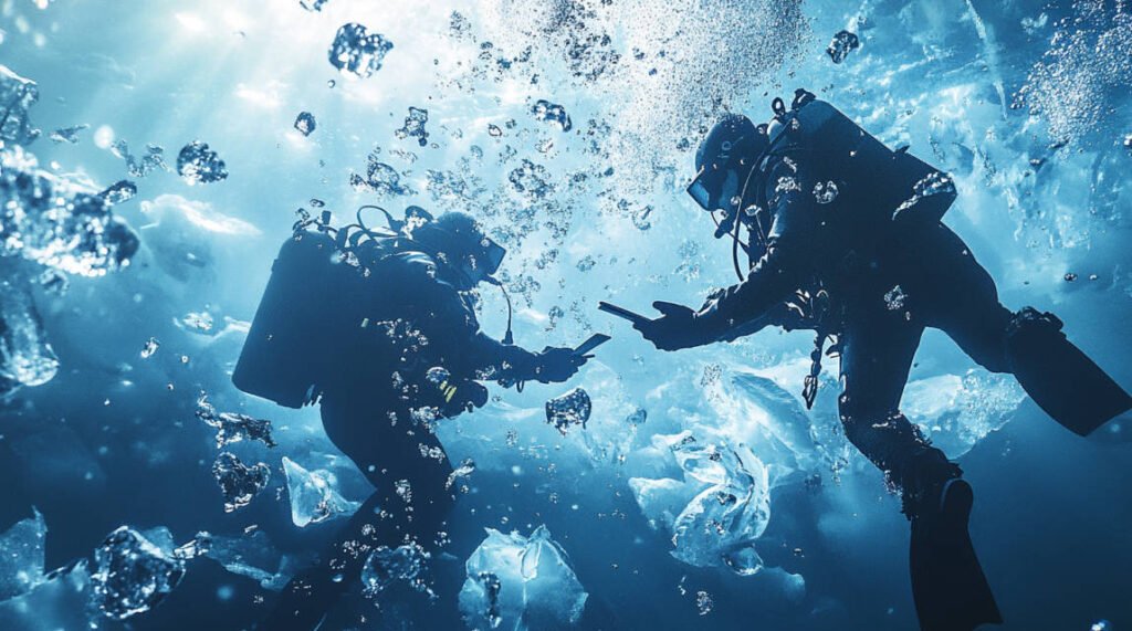 an image showing divers using underwater communication slates and a radio device, with bubbles and ice formations as part of the scene.