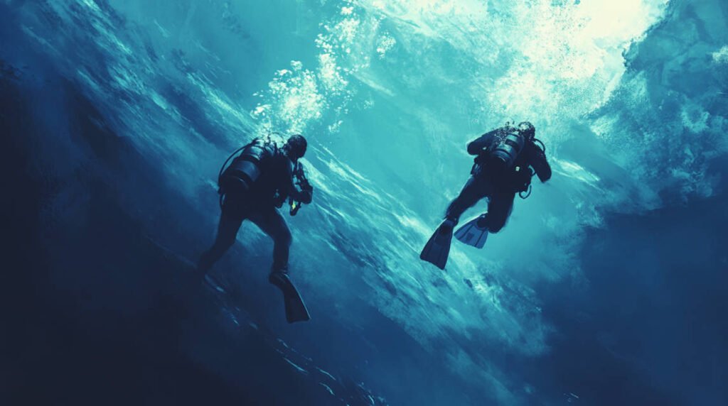 an image showing two divers under ice, maintaining visual contact and signaling to each other, with their safety line in view.