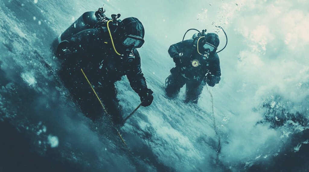 an image of a diver looking for the safety line under ice, with a compass in hand and their buddy in view assisting in the search.