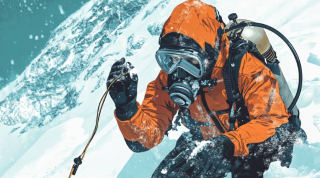 an image showing a diver inspecting and cleaning their gear, with attention to details like the regulator, drysuit, and safety line, all against an icy background.