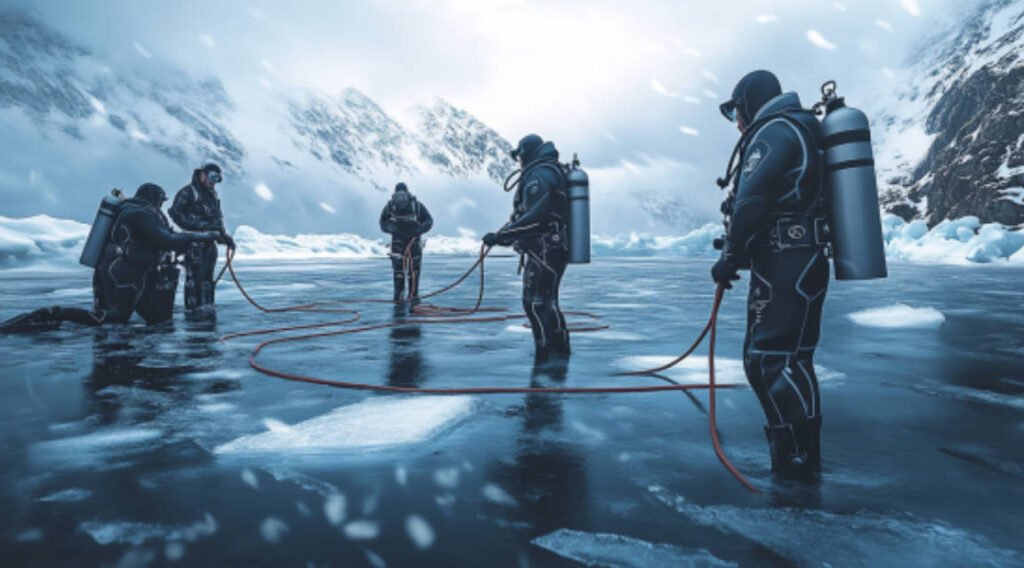 an image of seasoned divers giving safety briefings and practicing rope signals on the ice before a dive, with a background of a frozen lake and diving equipment.