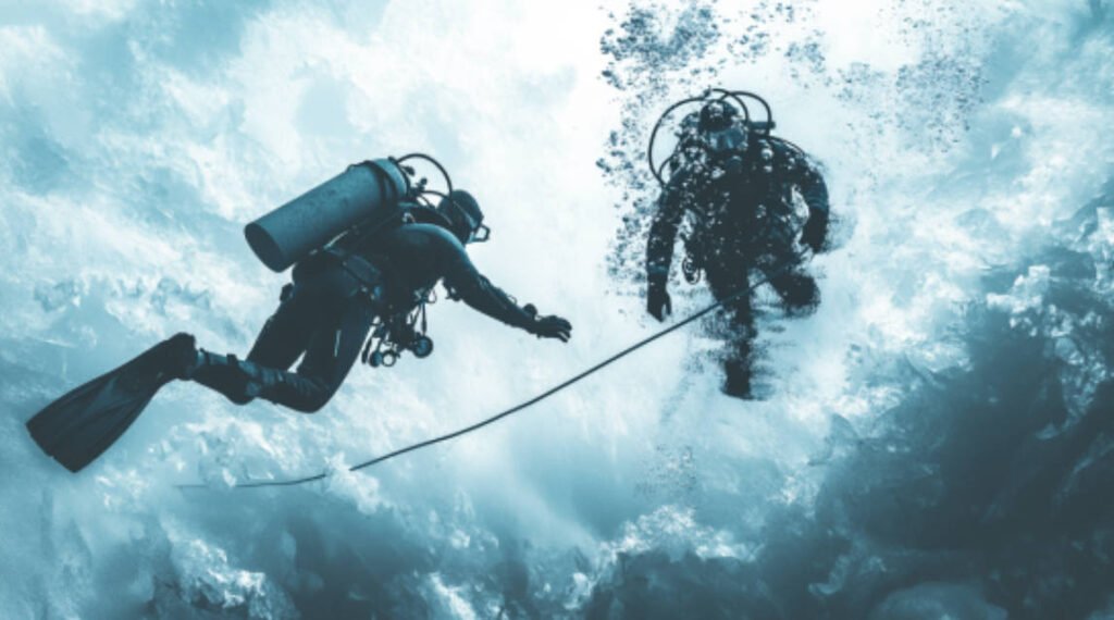 an image depicting a diver under ice finding their way back to the safety line after disorientation, with clear teamwork and assistance from a buddy.