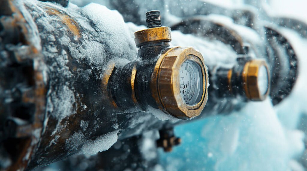 an image showing a cold-water regulator with close-up details of its environmentally sealed components against a snowy Arctic background.