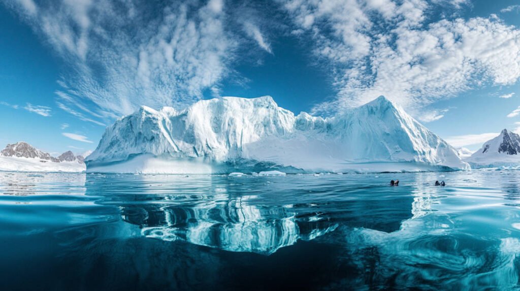 an image showcasing divers underwater in Tasiilaq, surrounded by massive ice formations and crystal-clear waters.