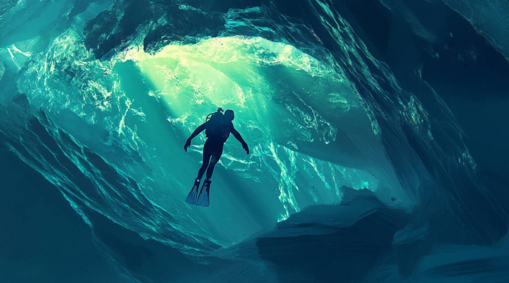 an image showcasing a diver beneath an ice arch in the Canadian Arctic, with the light from the surface casting intricate patterns on the ice.