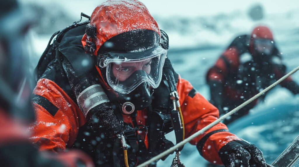 an image of a surface support team in action, dressed in winter gear and holding safety lines, ready to assist divers in an Arctic environment.