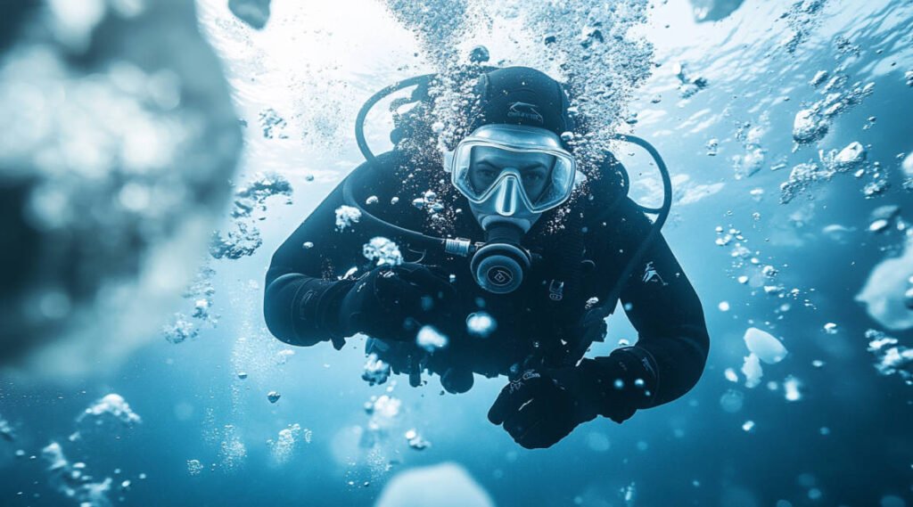 an image showcasing a diver practicing buoyancy control in icy water, surrounded by bubbles and ice formations, to highlight the challenge of maintaining balance in such conditions.