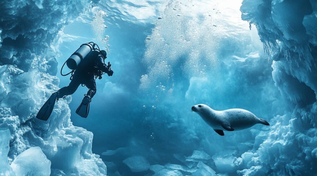 an image depicting a diver surrounded by glistening ice and a curious seal swimming nearby, emphasizing the unique encounters possible during Arctic ice dives.