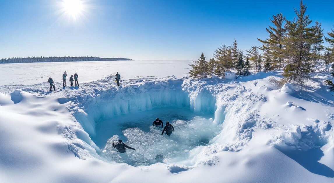 A panoramic view of ice divers preparing to enter a perfectly cut hole in the thick ice of Georgian Bay, surrounded by a snowy landscape and evergreen trees under a clear blue sky