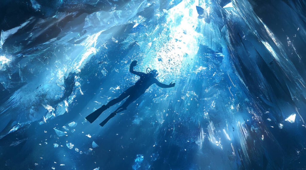 an image showcasing an ice diver beneath a thick, translucent sheet of Arctic ice, with rays of sunlight filtering through and casting stunning patterns on the icy surface.