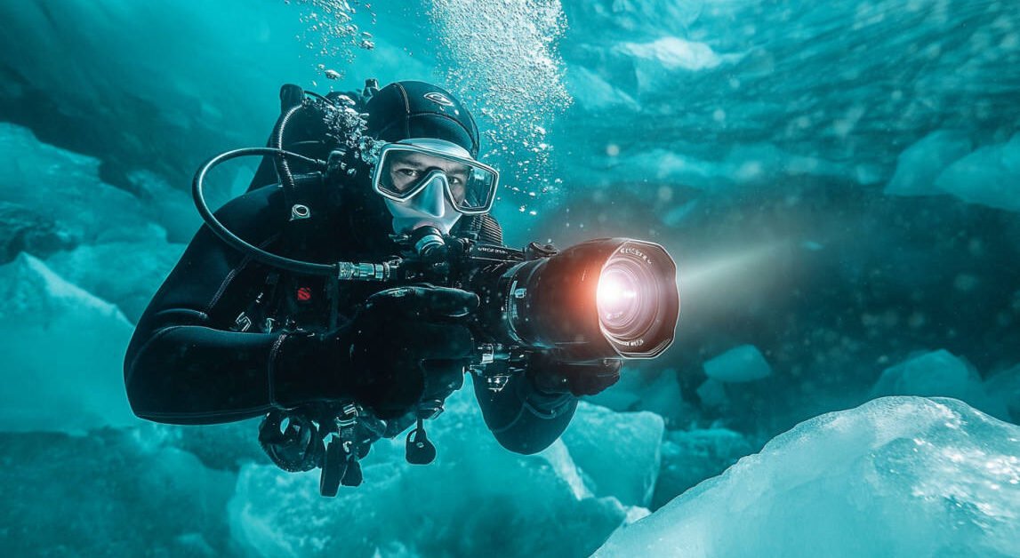 An underwater scene showing a diver wearing a high-quality dry suit and cold-water regulator, holding a professional DSLR camera housed in a rugged waterproof casing. The diver is capturing footage of intricate ice formations with powerful video lights illuminating the area beneath the ice.