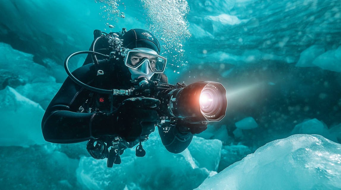 An underwater scene showing a diver wearing a high-quality dry suit and cold-water regulator, holding a professional DSLR camera housed in a rugged waterproof casing. The diver is capturing footage of intricate ice formations with powerful video lights illuminating the area beneath the ice.