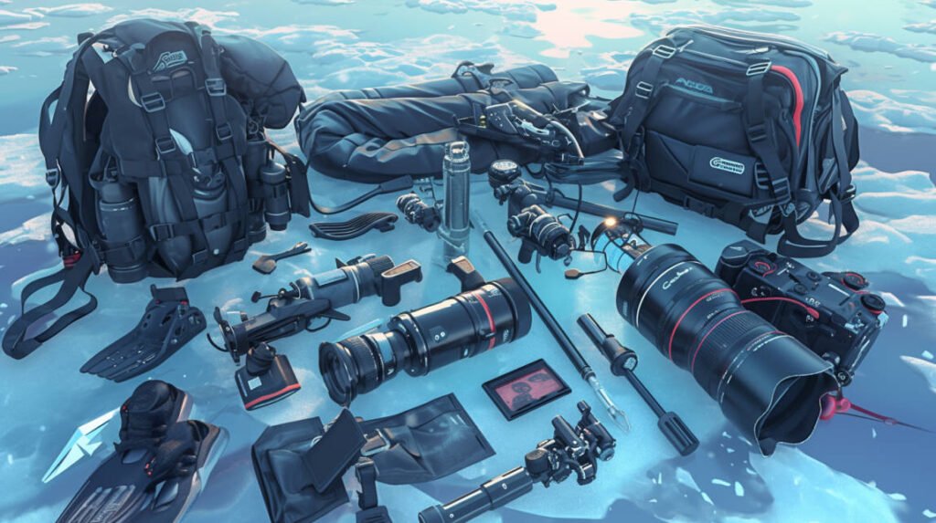 Close-up shot of specialized ice diving gear laid out on the ice: dry suit, cold-water regulator, underwater camera housing, and lighting equipment.