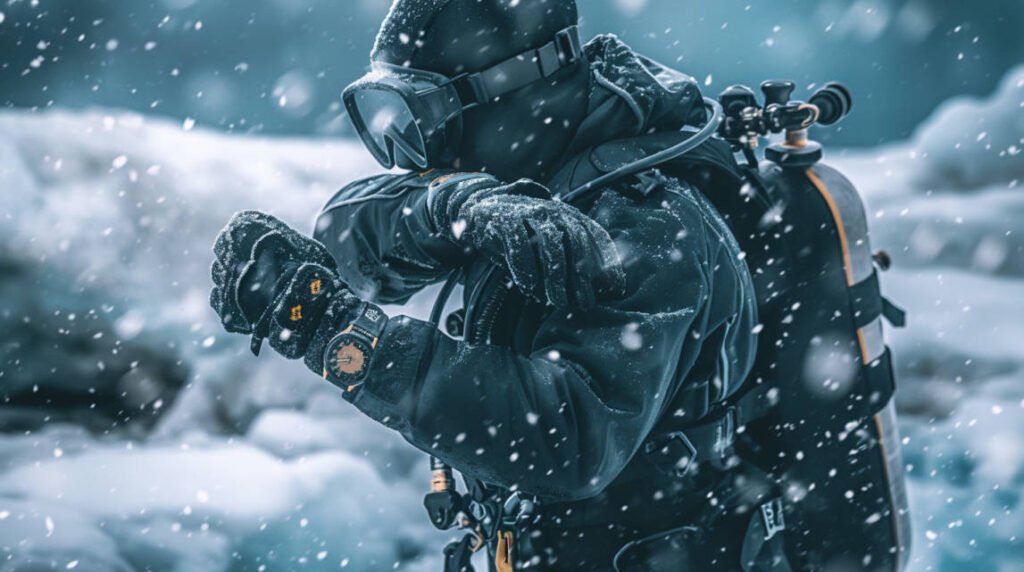 An ice diver wearing a dry suit, adjusting the wrist seals before entering an ice hole, with snow-covered surroundings.