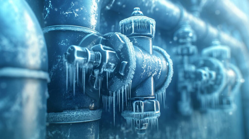 Close-up of a cold-water regulator attached to a tank, with frost forming around the metal components, highlighting its use in freezing temperatures.