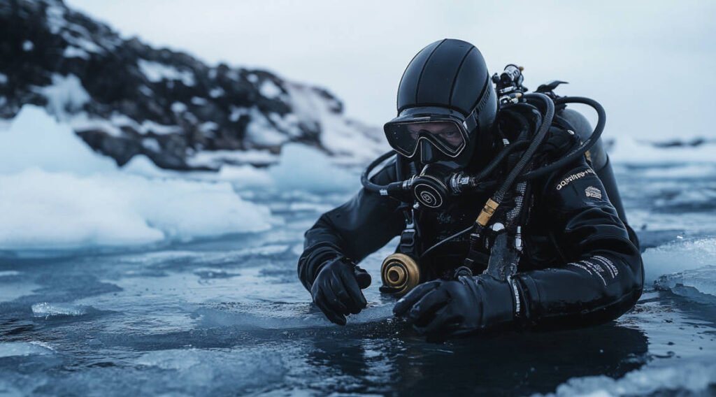 A diver adjusting the integrated weights on a wing-style BCD, preparing to descend into an ice-covered lake.