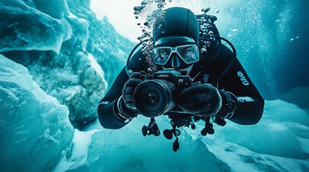 A diver adjusting the settings on a DSLR camera housed in a professional underwater casing, surrounded by the icy underwater landscape.