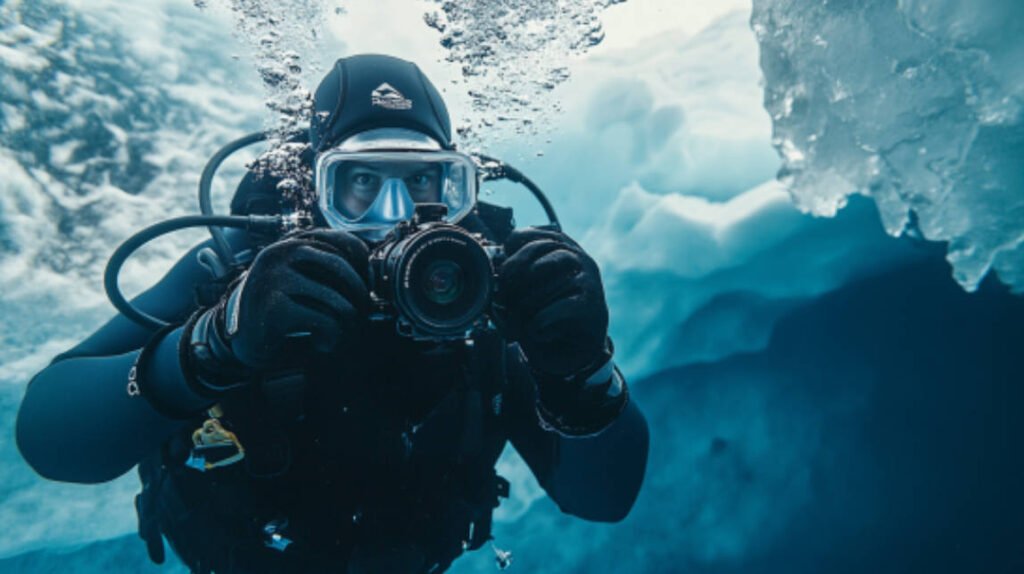 A diver manipulating the controls of a camera housing with gloved hands, capturing footage under the ice sheet.