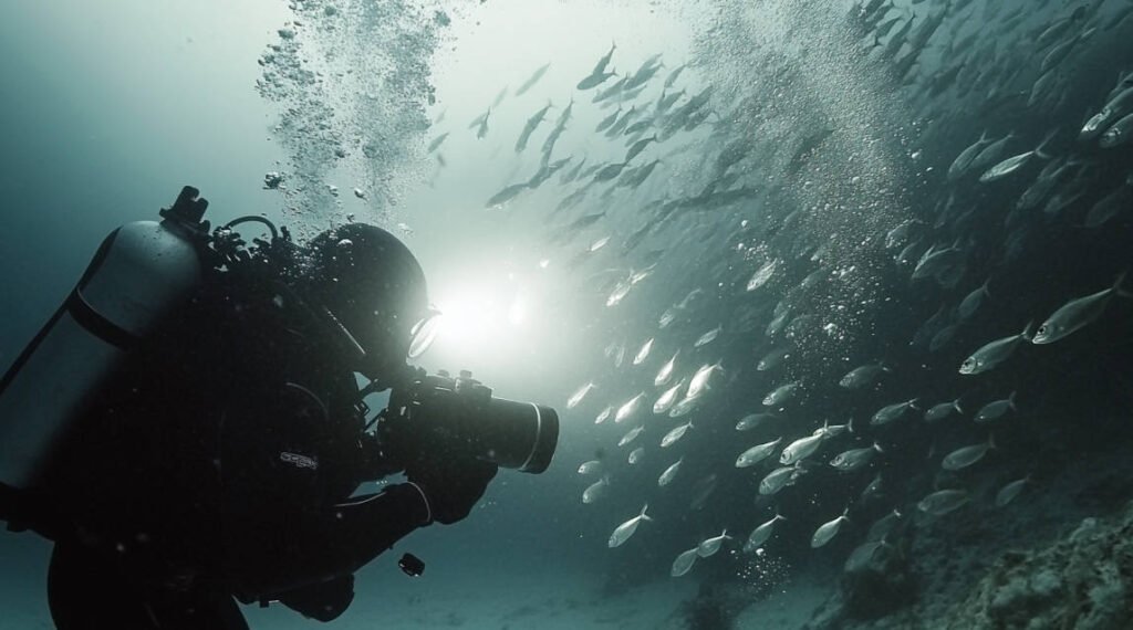 A diver using strobes attached to their camera housing, the flash illuminating a school of fish beneath the ice.