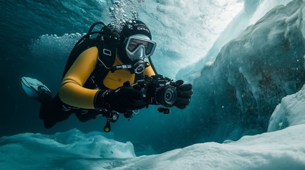 A diver using an underwater gimbal to capture fluid motion shots of ice caverns beneath the surface.