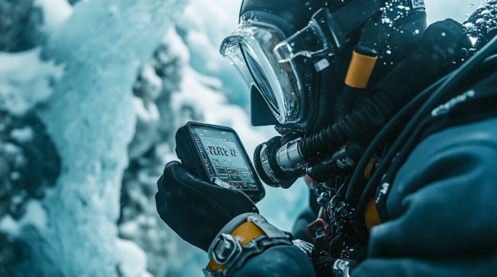 A diver adjusting nitrox settings on their dive computer, with ice formations visible in the background.