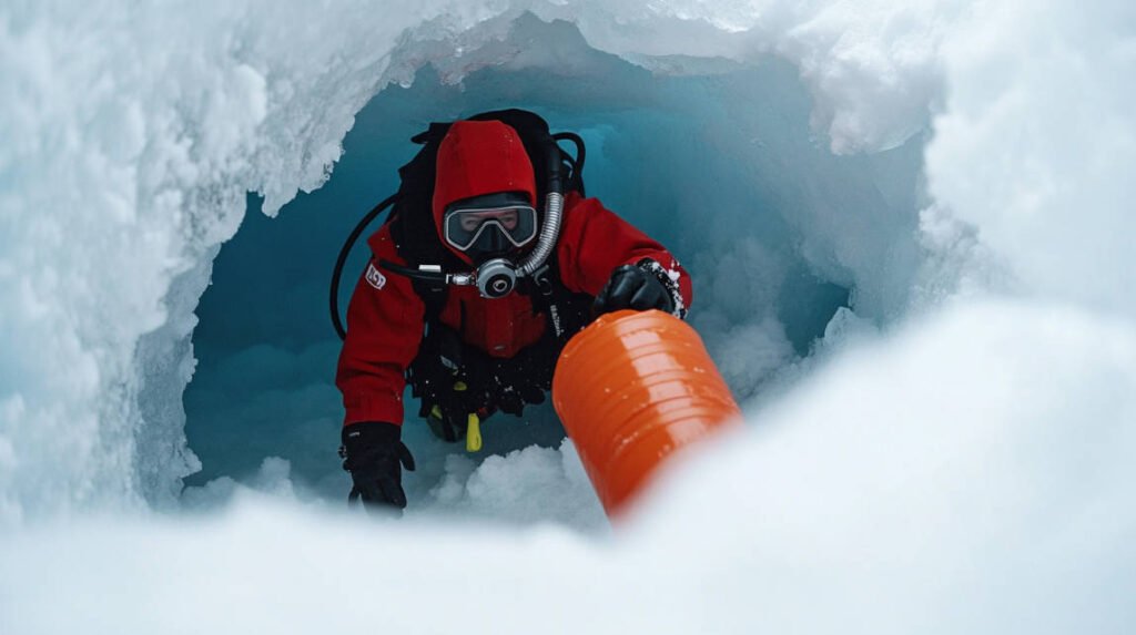 A diver deploying a surface marker buoy through an ice hole, with the bright color contrasting against the white snow.