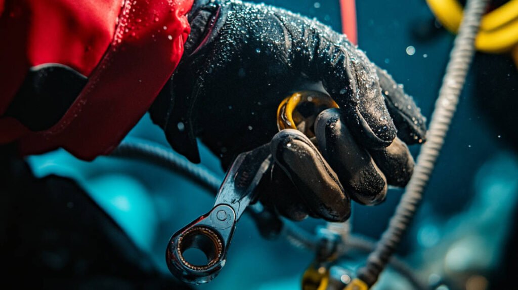 A close-up of a line cutter attached to a diver's gear, with gloved fingers demonstrating its use.