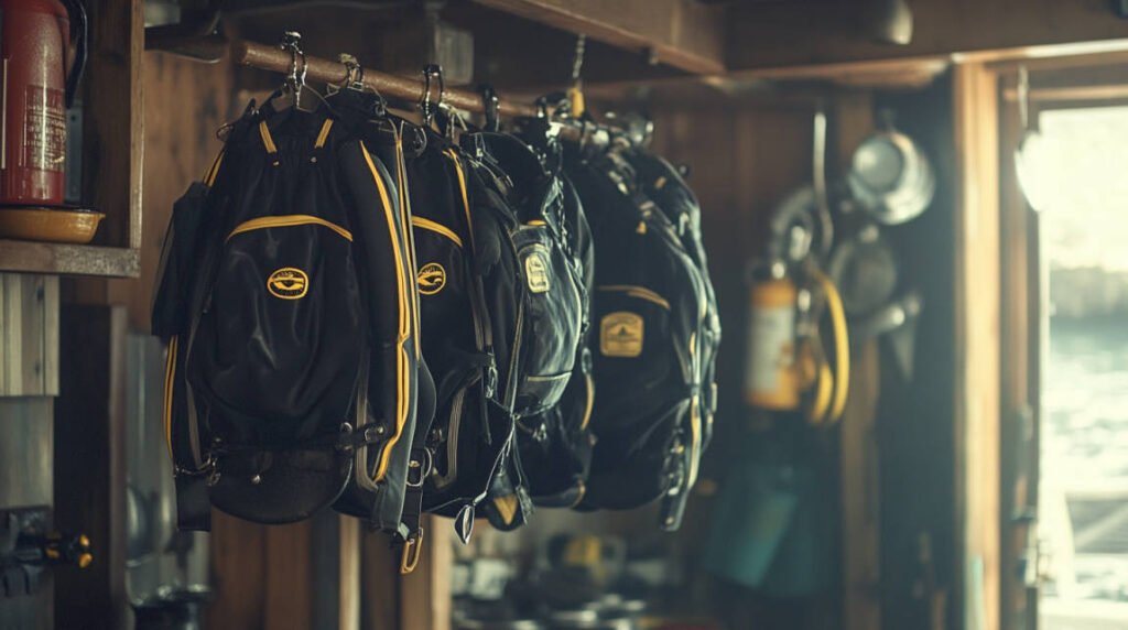 Diving gear hanging up to dry in a warm indoor setting, with a focus on the care given to each piece of equipment.