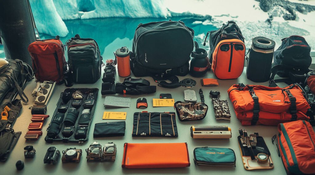 An organized layout of small accessories in labeled pouches and cases, displayed on a table with an ice diving backdrop.