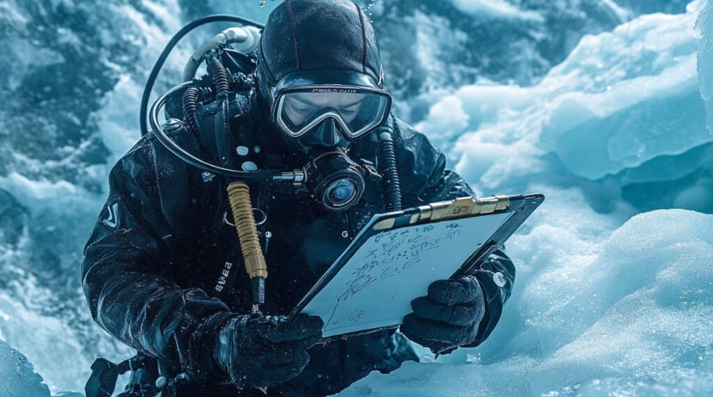 A diver reviewing a waterproof notepad with shot lists and sketches, preparing to enter an ice hole with camera equipment ready.