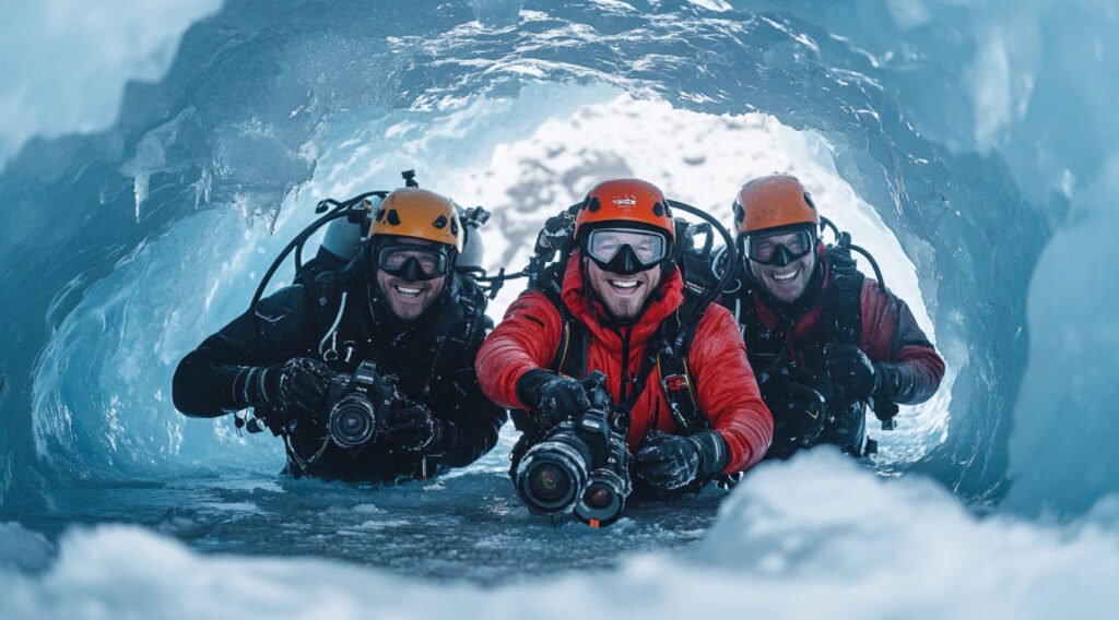 A triumphant team of ice divers emerging from an ice hole, smiling and holding their camera gear, with a backdrop of a breathtaking frozen landscape.