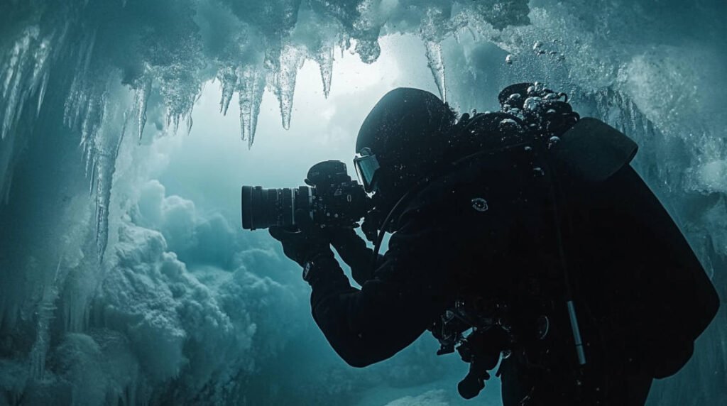 A determined diver adjusting camera settings underwater, surrounded by ice structures, showcasing the commitment required for ice diving photography.