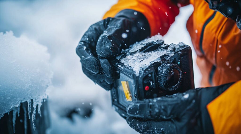 Close-up of a photographer inserting anti-fog packets into a camera housing, with icy surroundings highlighting the importance of this step.