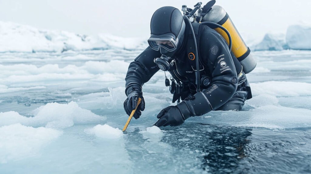 A diver carefully measuring the ice thickness with an auger, ensuring it's safe for the dive.