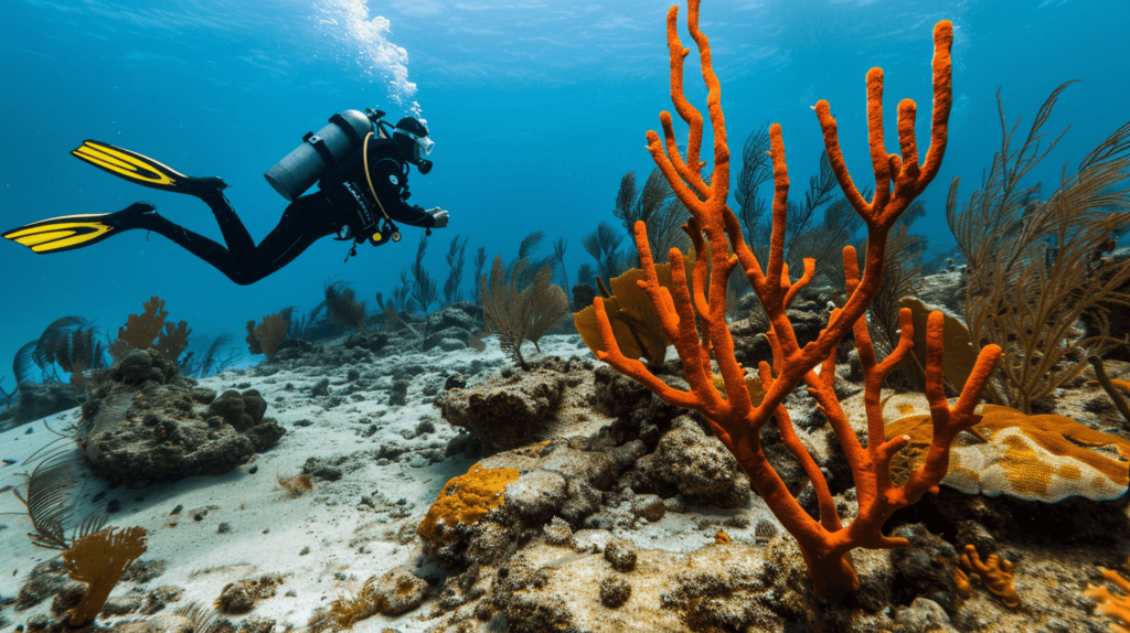 A diver carefully observing marine life without touching it.