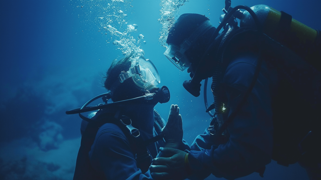 A diver and buddy performing a buddy breathing procedure.